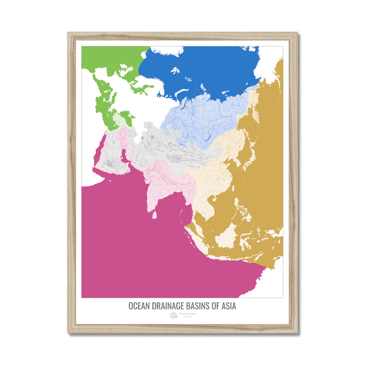 Asia - Ocean drainage basin map, white v2 - Framed Print