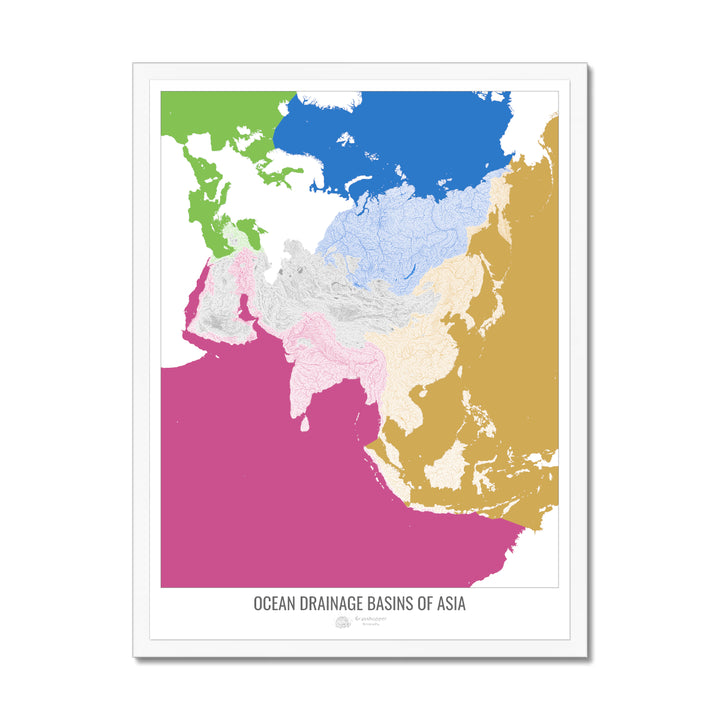 Asia - Ocean drainage basin map, white v2 - Framed Print