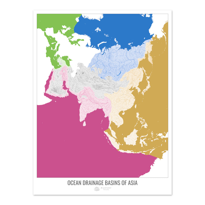 Asia - Mapa de la cuenca hidrográfica del océano, blanco v2 - Impresión de bellas artes