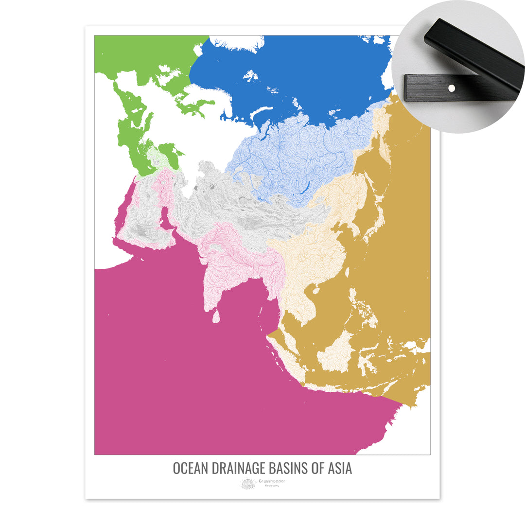 Asia - Mapa de la cuenca hidrográfica del océano, blanco v2 - Impresión artística con colgador