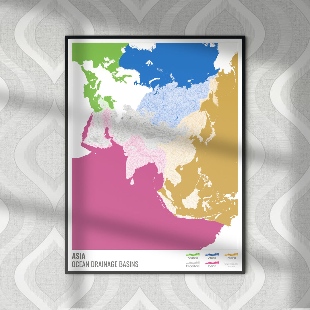 Asie - Carte des bassins hydrographiques océaniques, blanche avec légende v2 - Tirage photo artistique