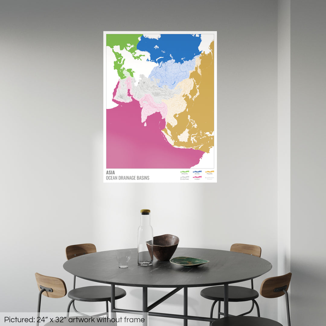 Asia - Mapa de la cuenca hidrográfica del océano, blanco con leyenda v2 - Impresión de bellas artes