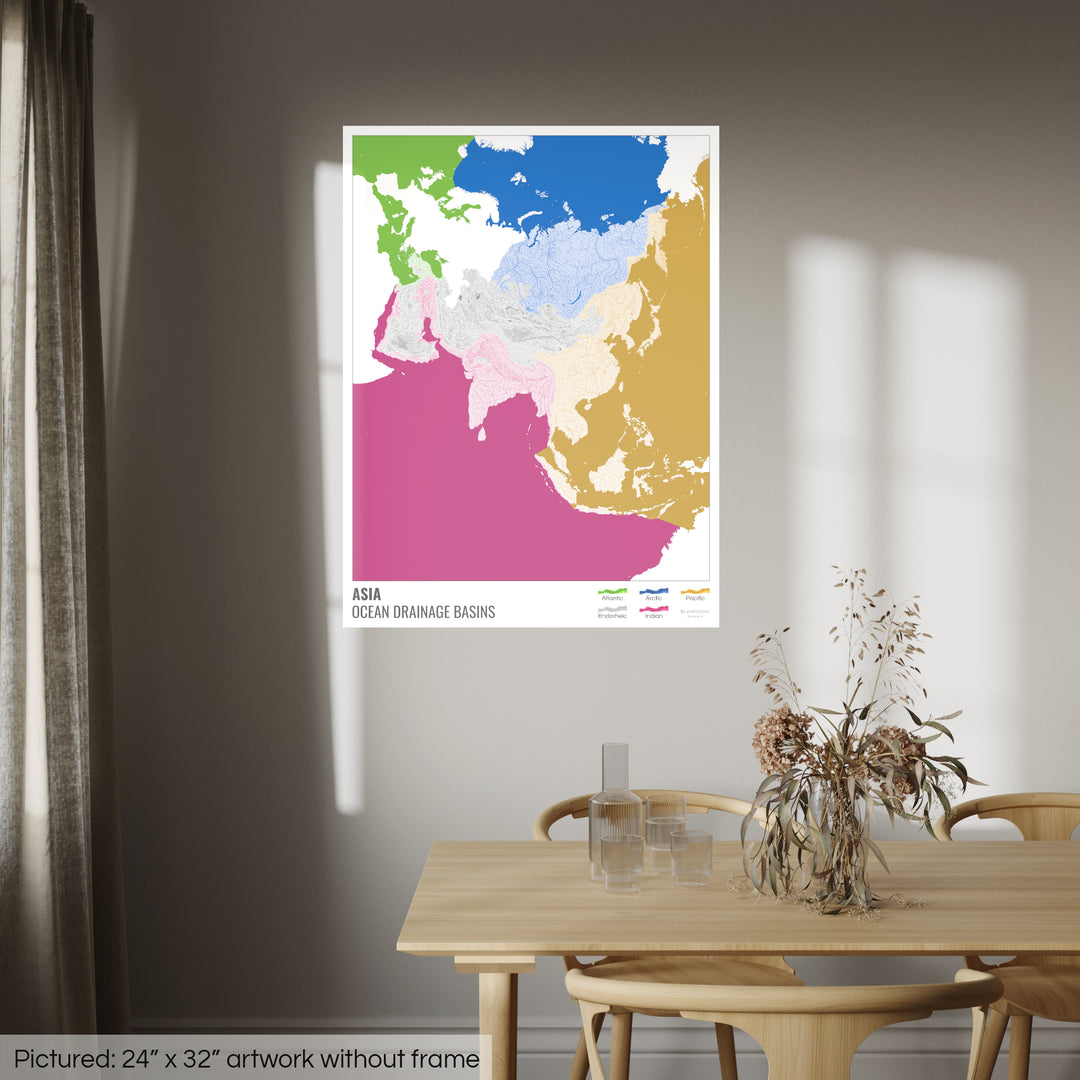Asia - Mapa de la cuenca hidrográfica del océano, blanco con leyenda v2 - Impresión fotográfica