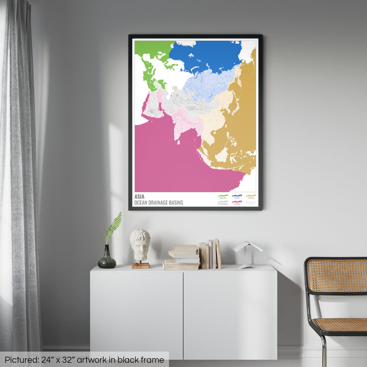 Asia - Ocean drainage basin map, white with legend v2 - Framed Print