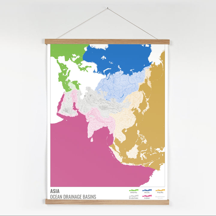 Asie - Carte des bassins hydrographiques océaniques, blanche avec légende v2 - Tirage d'art avec cintre