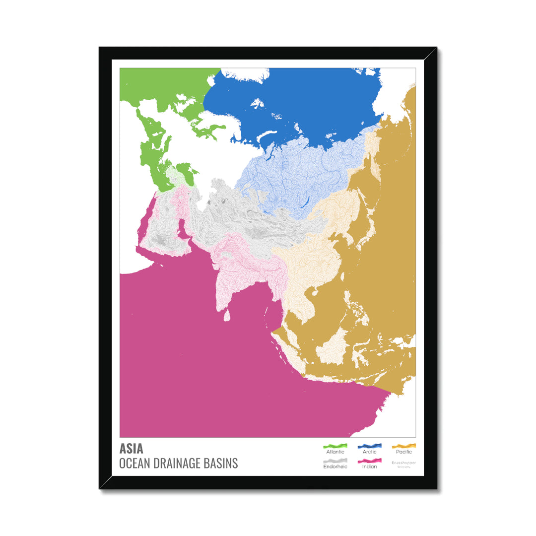 Asia - Ocean drainage basin map, white with legend v2 - Framed Print
