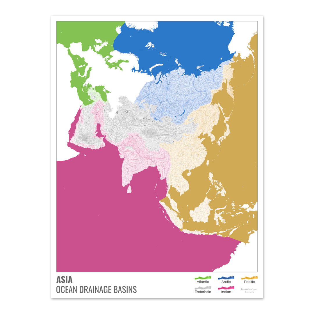 Asia - Mapa de la cuenca hidrográfica del océano, blanco con leyenda v2 - Impresión fotográfica