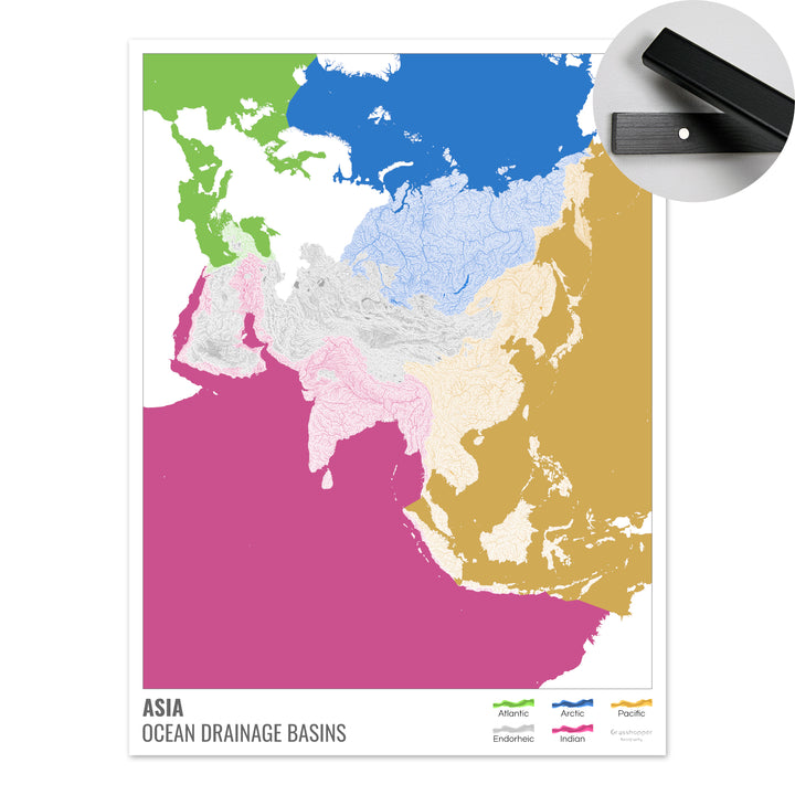 Asia - Mapa de la cuenca hidrográfica del océano, blanco con leyenda v2 - Impresión artística con colgador