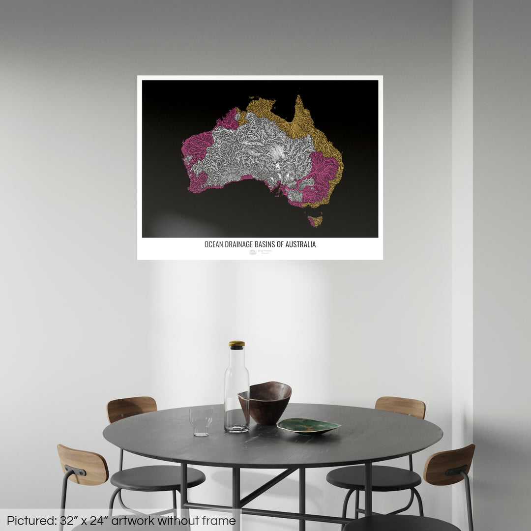 Australia - Mapa de la cuenca hidrográfica del océano, negro v1 - Impresión fotográfica