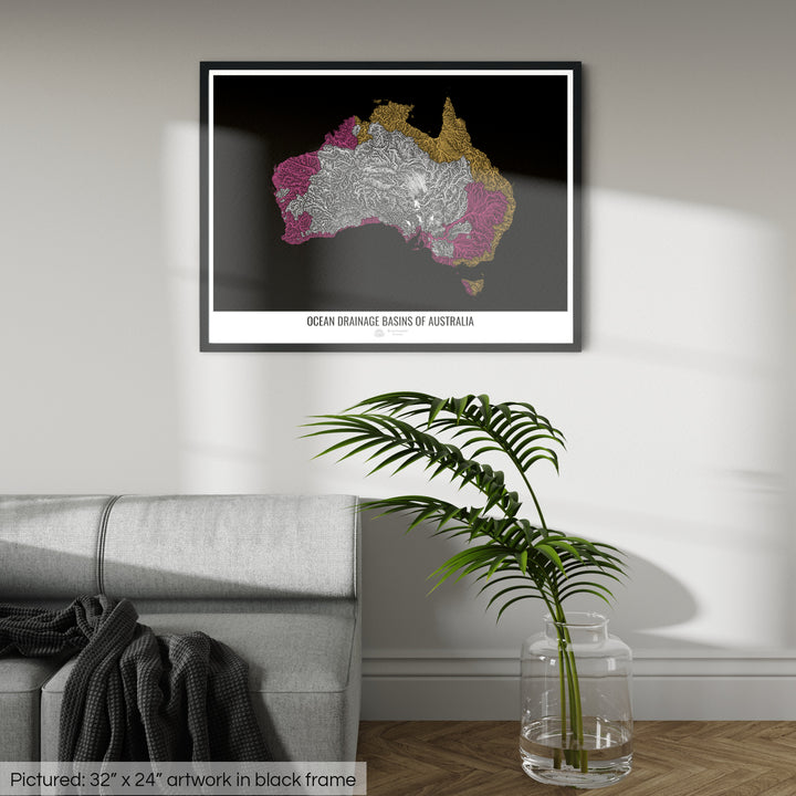 Australia - Ocean drainage basin map, black v1 - Framed Print