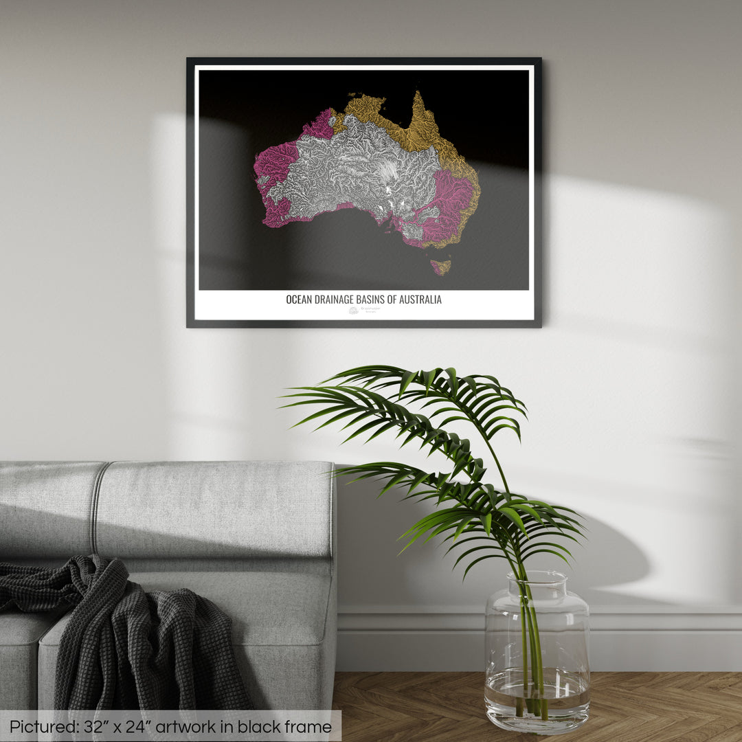 Australie - Carte des bassins versants océaniques, noir v1 - Impression encadrée
