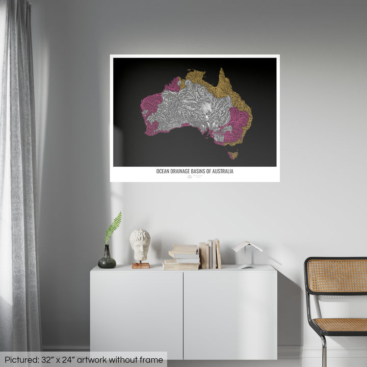Australia - Mapa de la cuenca hidrográfica del océano, negro v1 - Impresión de bellas artes