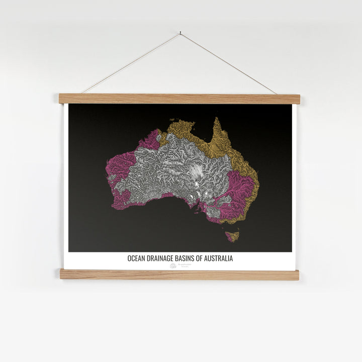 Australia - Ocean drainage basin map, black v1 - Fine Art Print with Hanger