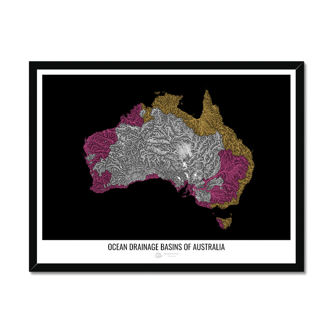 Australie - Carte des bassins versants océaniques, noir v1 - Impression encadrée