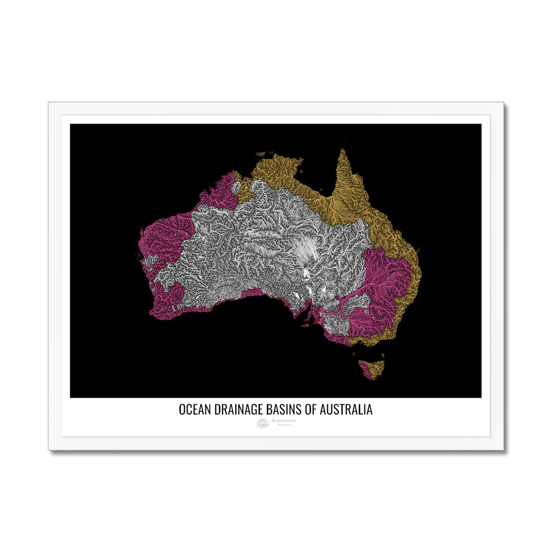 Australia - Mapa de la cuenca de drenaje oceánico, negro v1 - Lámina enmarcada