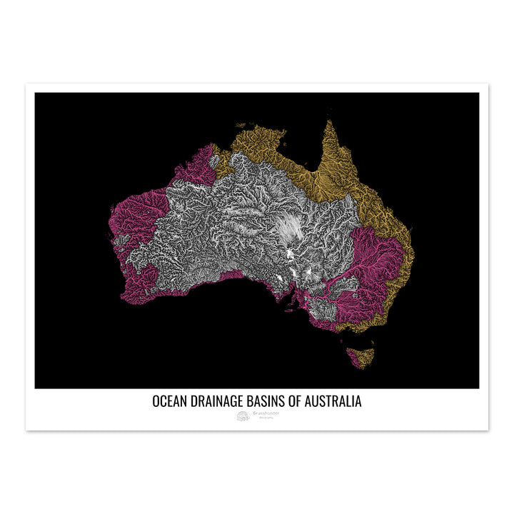 Australia - Ocean drainage basin map, black v1 - Fine Art Print