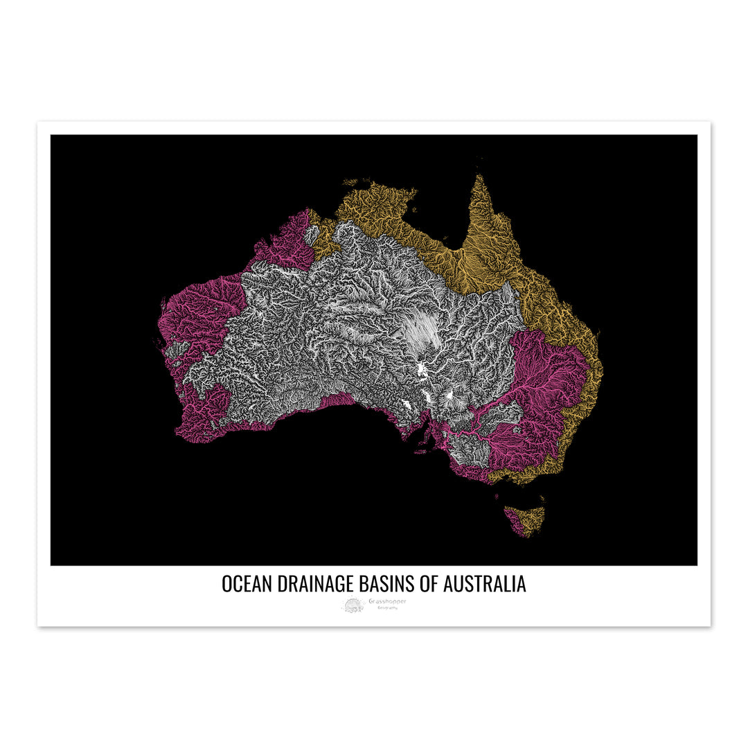 Australie - Carte des bassins hydrographiques océaniques, noir v1 - Fine Art Print