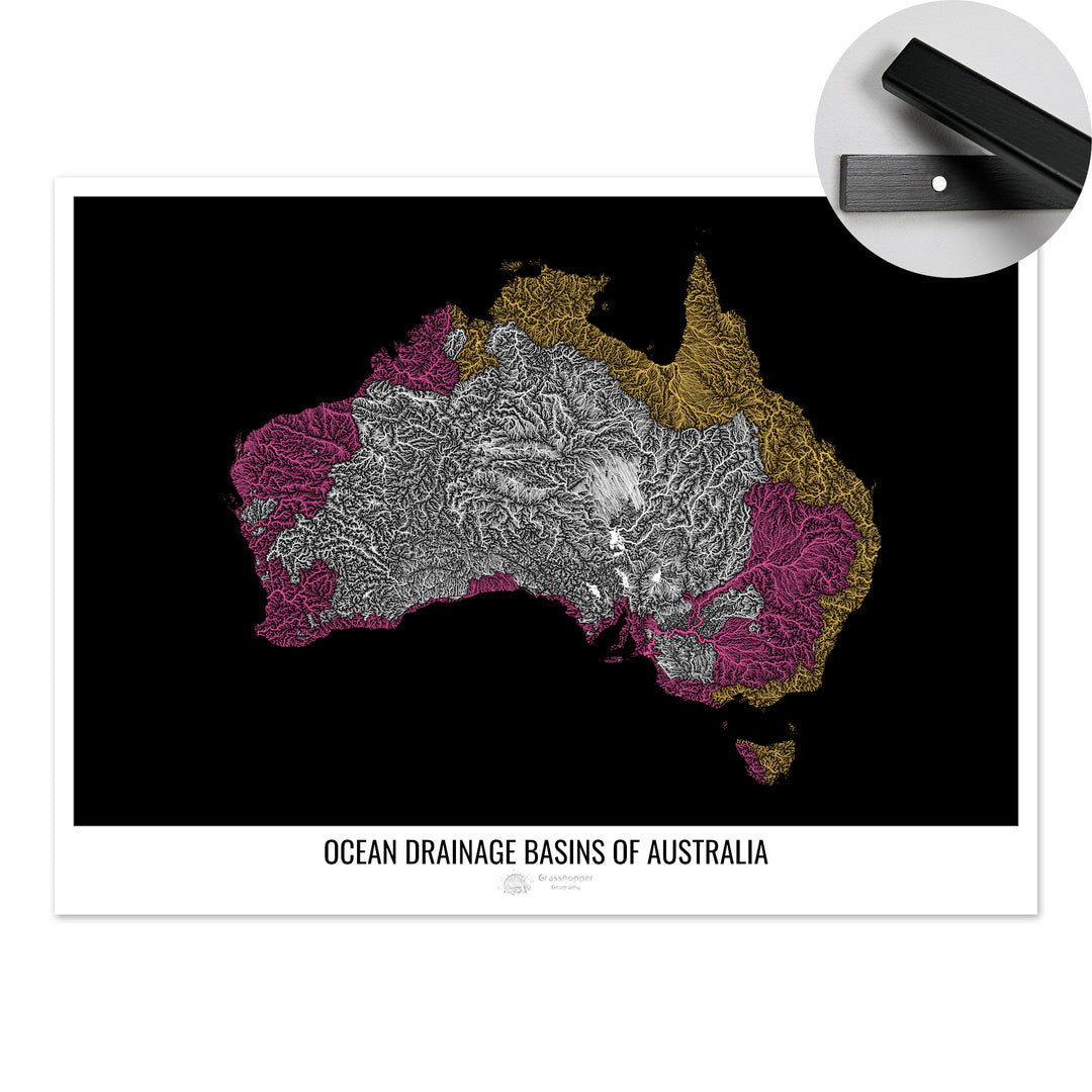 Australie - Carte des bassins hydrographiques océaniques, noir v1 - Tirage d'art avec cintre