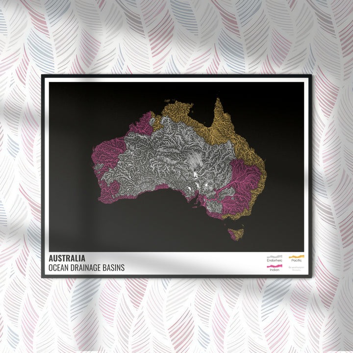 Australia - Mapa de la cuenca hidrográfica del océano, negro con leyenda v1 - Impresión fotográfica