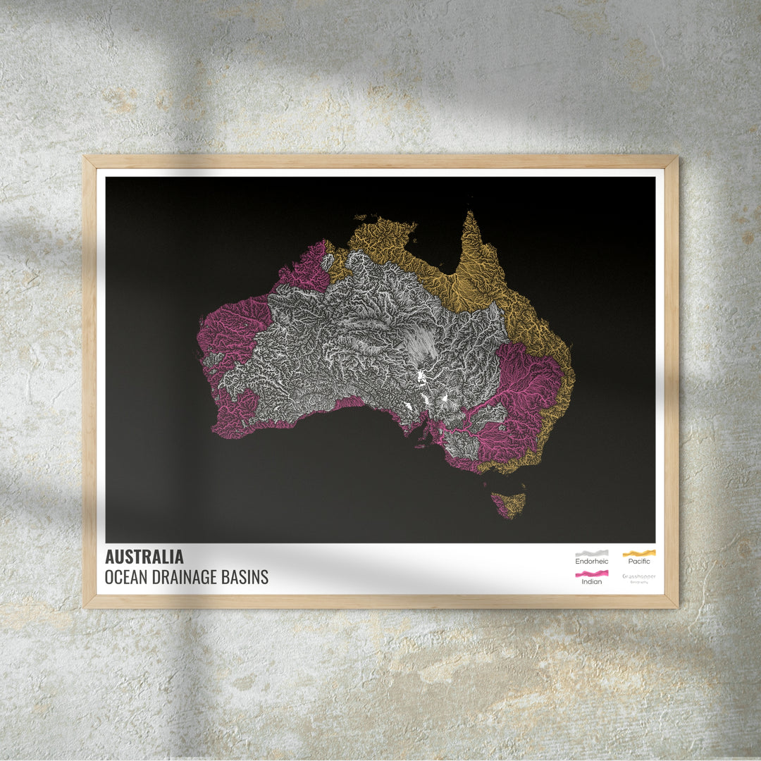 Australie - Carte des bassins hydrographiques océaniques, noire avec légende v1 - Fine Art Print