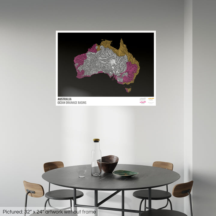 Australia - Mapa de la cuenca hidrográfica del océano, negro con leyenda v1 - Impresión fotográfica