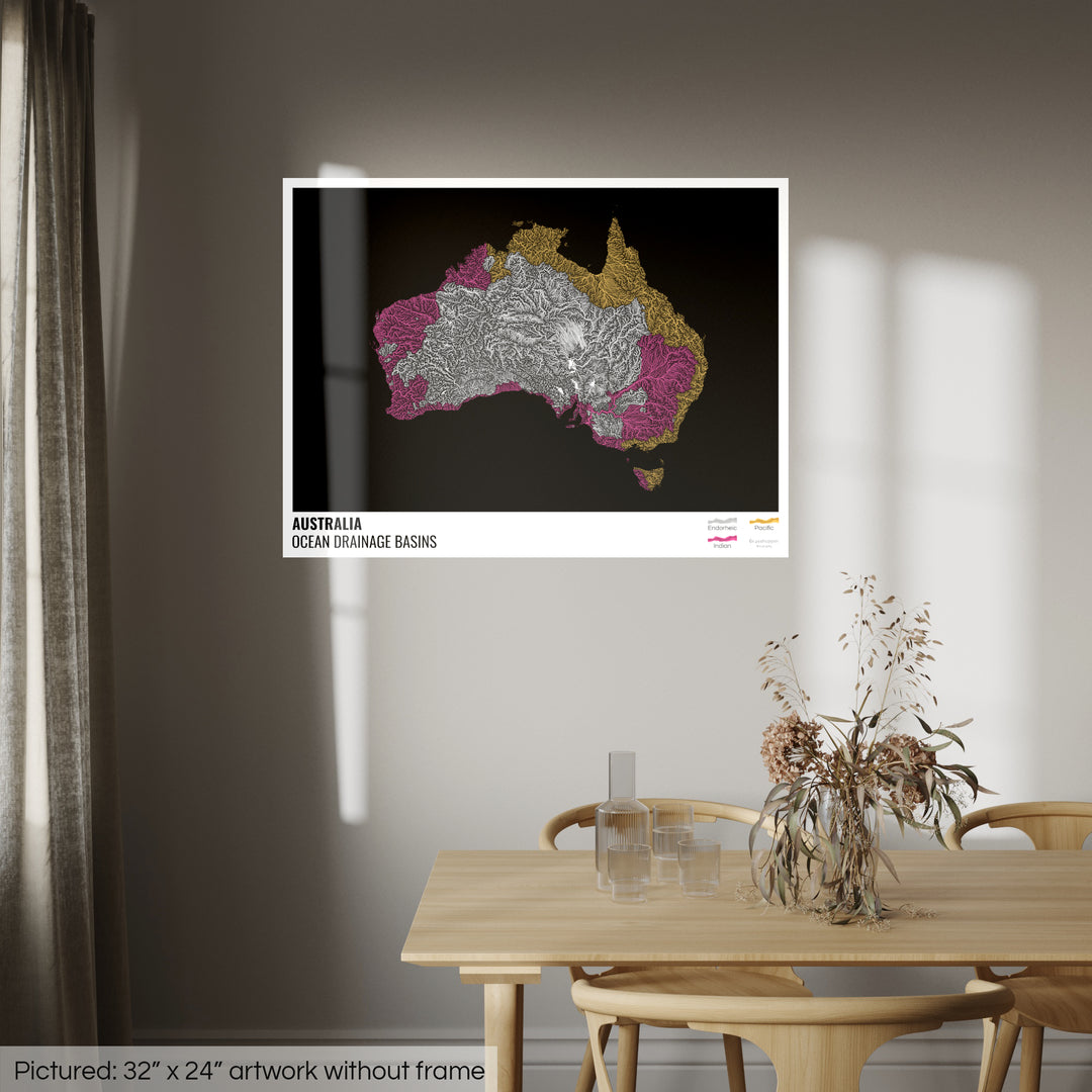 Australie - Carte des bassins hydrographiques océaniques, noire avec légende v1 - Fine Art Print