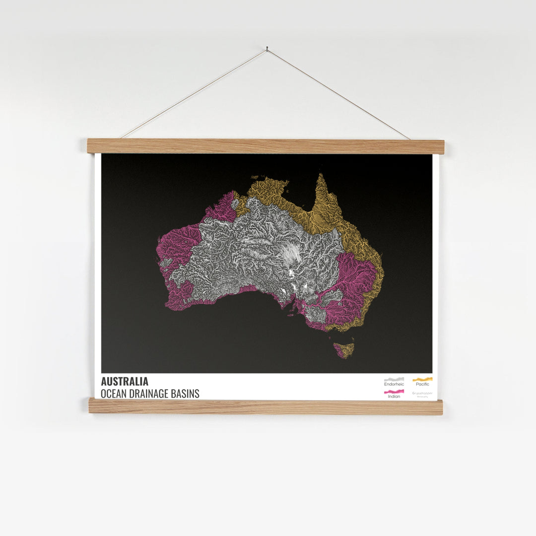 Australia - Mapa de la cuenca hidrográfica del océano, negro con leyenda v1 - Impresión artística con colgador