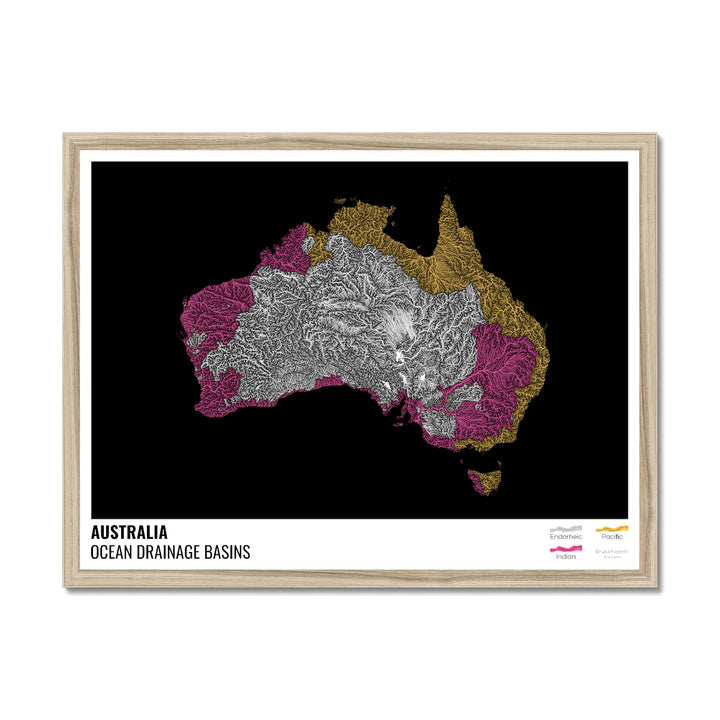 Australie - Carte des bassins hydrographiques océaniques, noire avec légende v1 - Impression encadrée