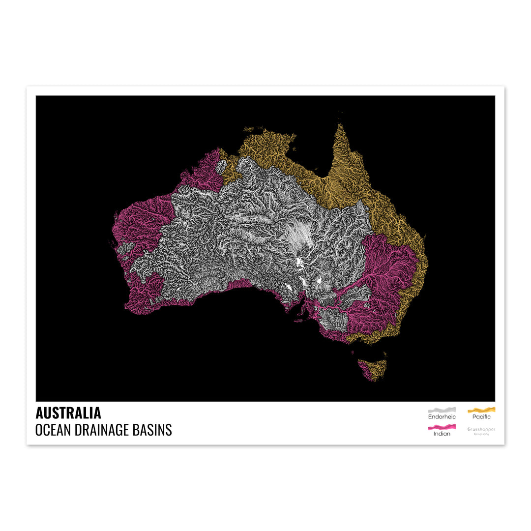 Australie - Carte des bassins hydrographiques océaniques, noire avec légende v1 - Tirage photo artistique