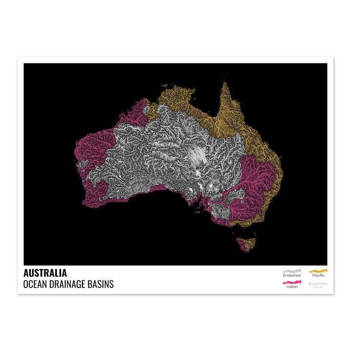 Australia - Mapa de la cuenca hidrográfica del océano, negro con leyenda v1 - Impresión fotográfica