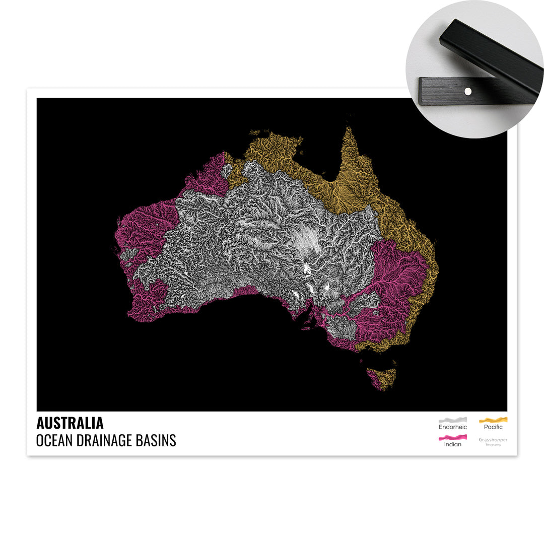 Australia - Ocean drainage basin map, black with legend v1 - Fine Art Print with Hanger