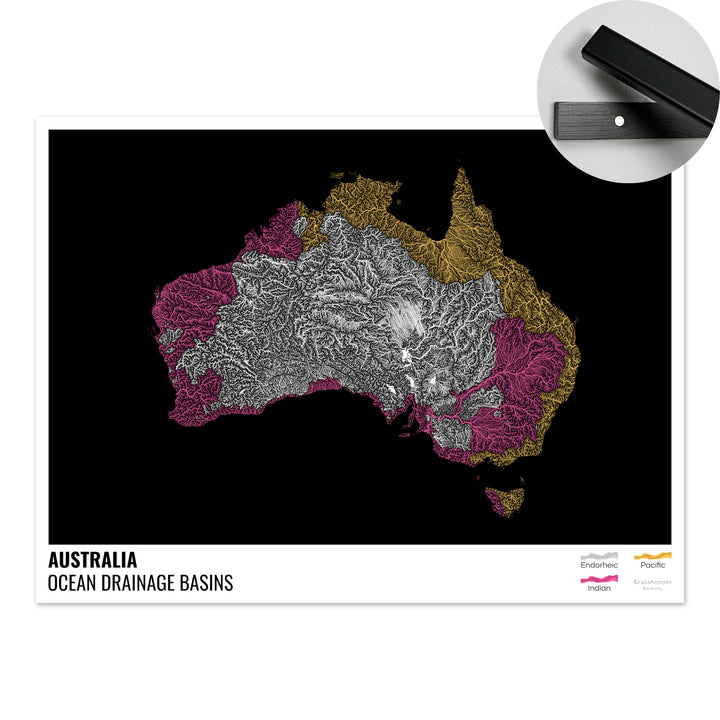 Australie - Carte des bassins hydrographiques océaniques, noire avec légende v1 - Tirage d'art avec cintre