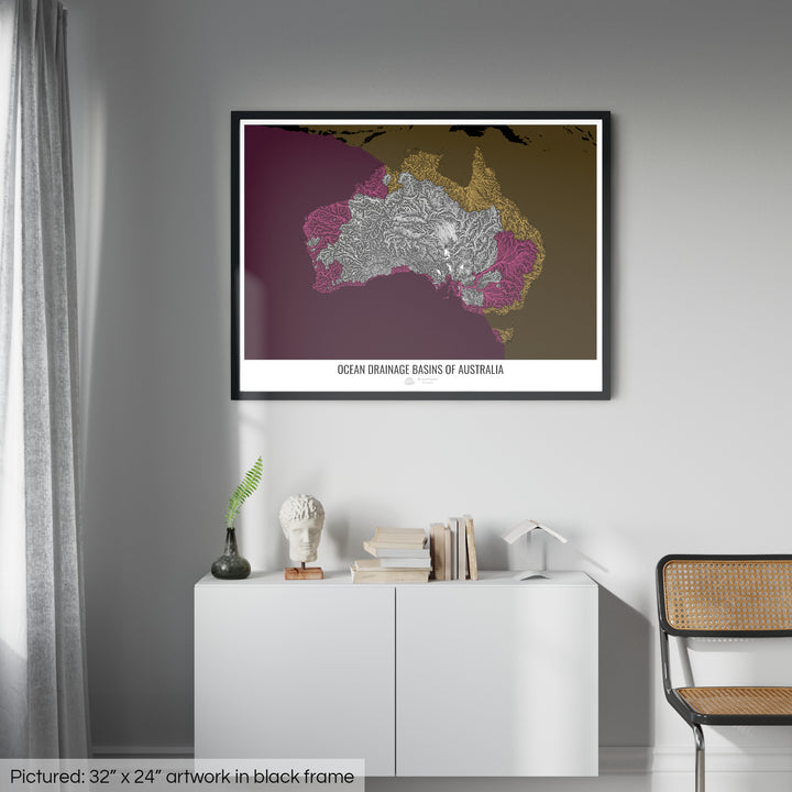 Australia - Mapa de la cuenca de drenaje oceánico, negro v2 - Lámina enmarcada
