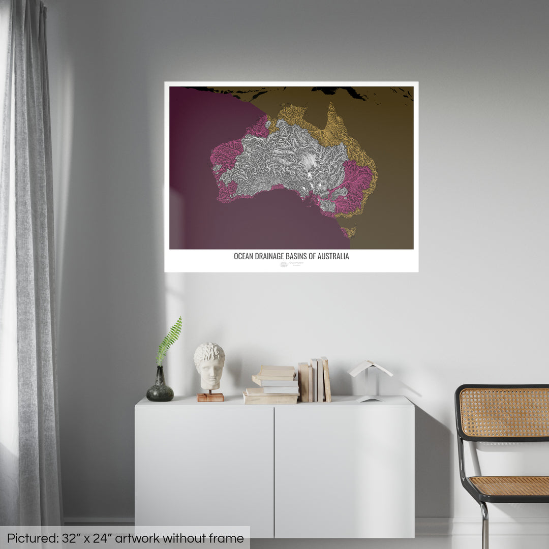 Australie - Carte des bassins hydrographiques océaniques, noir v2 - Tirage photo artistique
