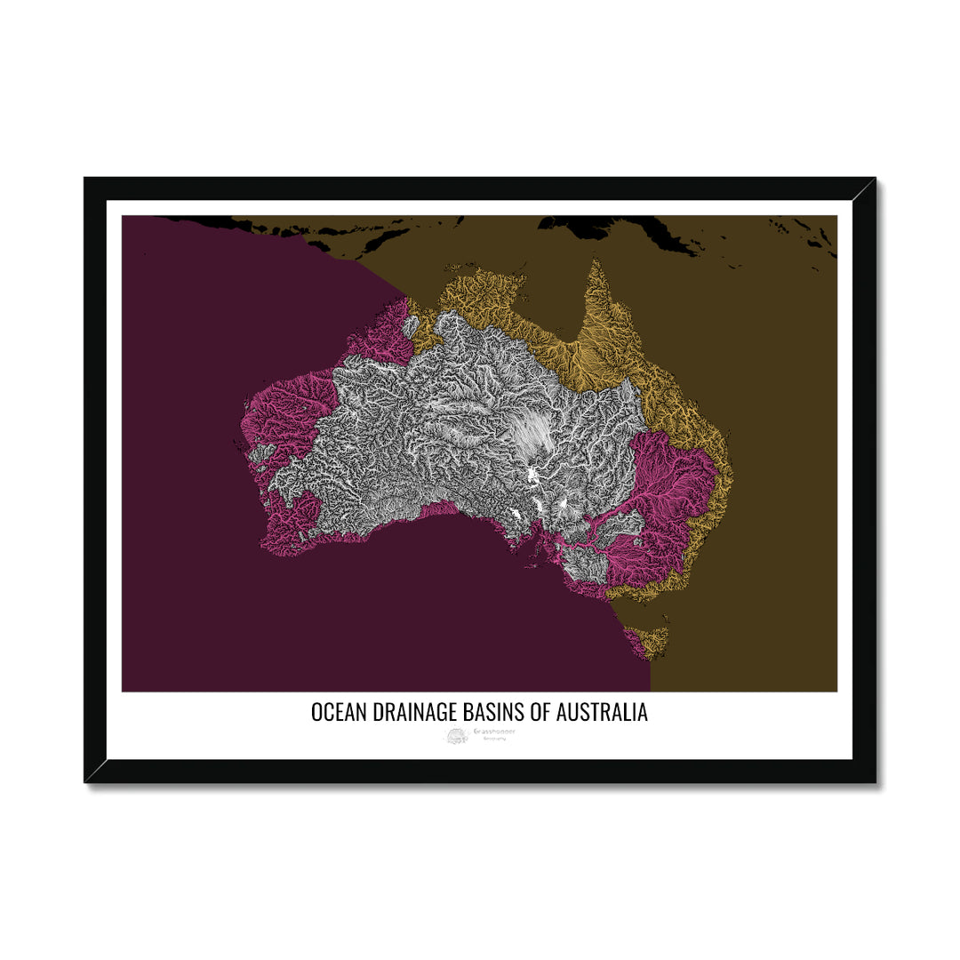 Australie - Carte des bassins versants océaniques, noir v2 - Impression encadrée
