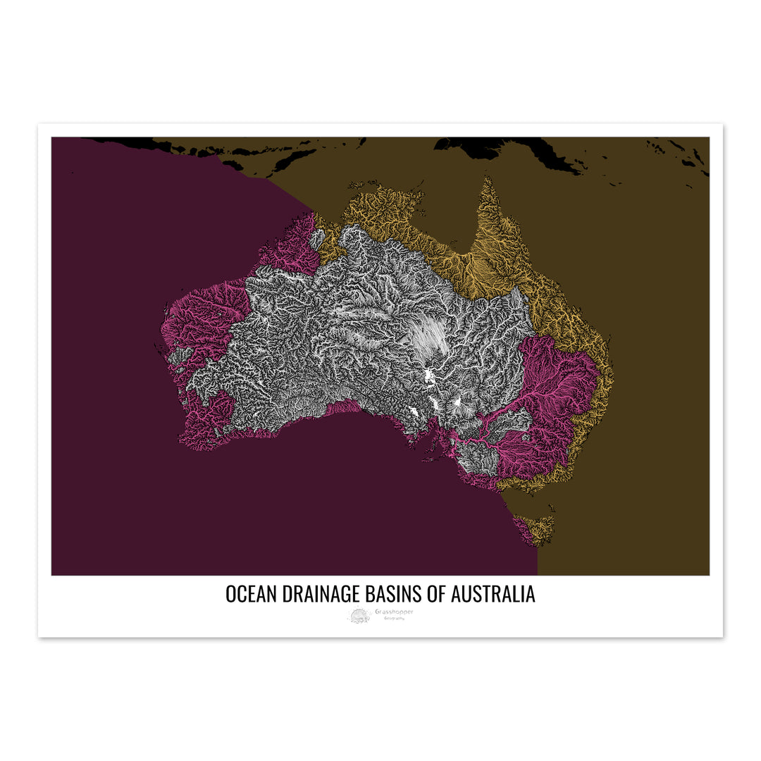 Australie - Carte des bassins hydrographiques océaniques, noir v2 - Fine Art Print