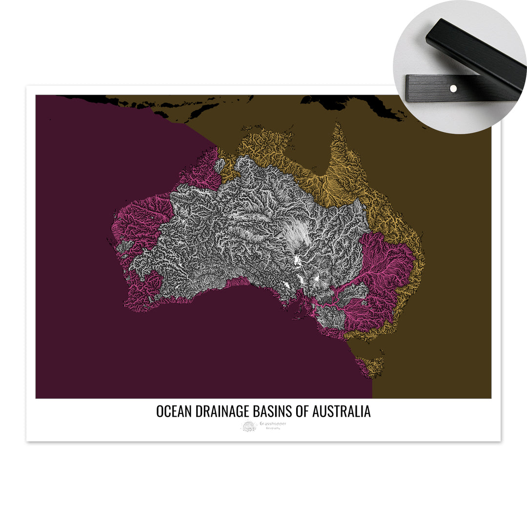 Australia - Ocean drainage basin map, black v2 - Fine Art Print with Hanger