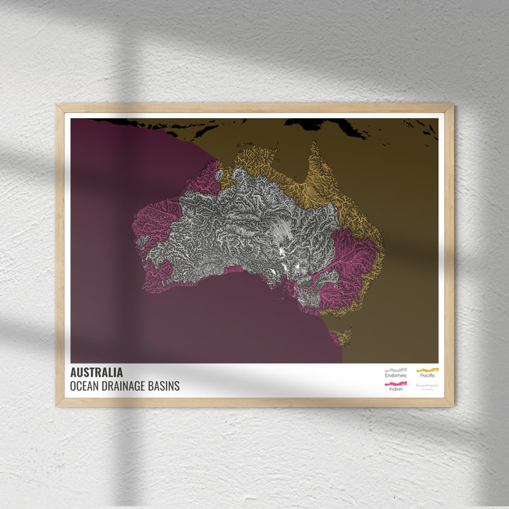 Australia - Mapa de la cuenca hidrográfica del océano, negro con leyenda v2 - Impresión de bellas artes
