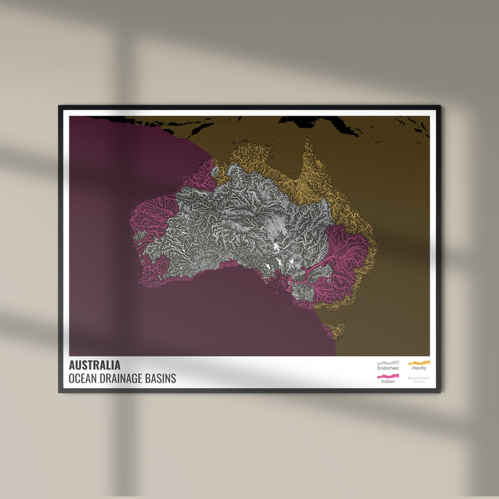 Australie - Carte des bassins hydrographiques océaniques, noire avec légende v2 - Tirage photo artistique