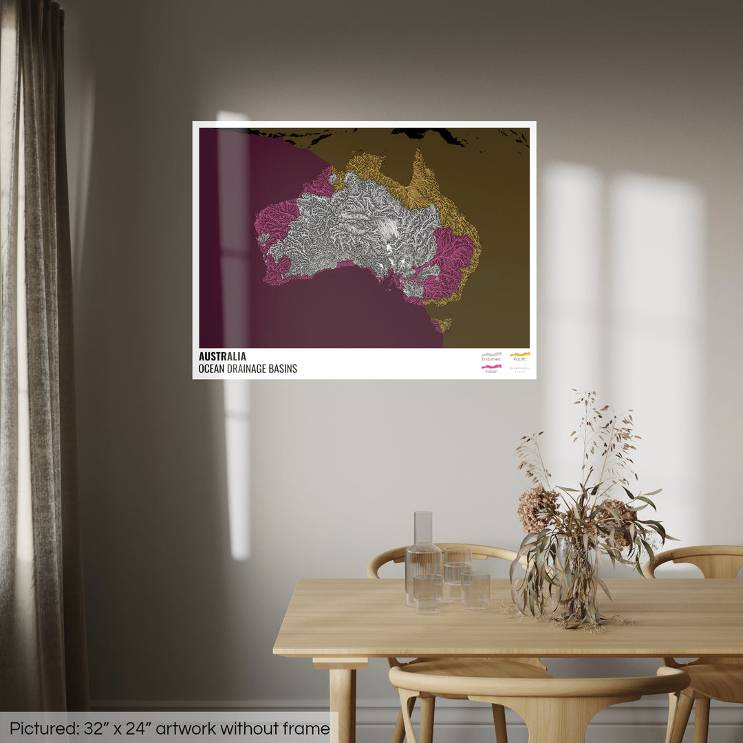 Australia - Mapa de la cuenca hidrográfica del océano, negro con leyenda v2 - Impresión fotográfica