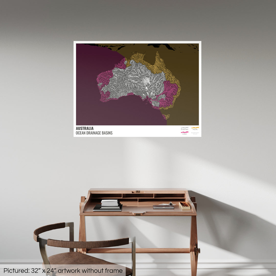 Australia - Ocean drainage basin map, black with legend v2 - Fine Art Print