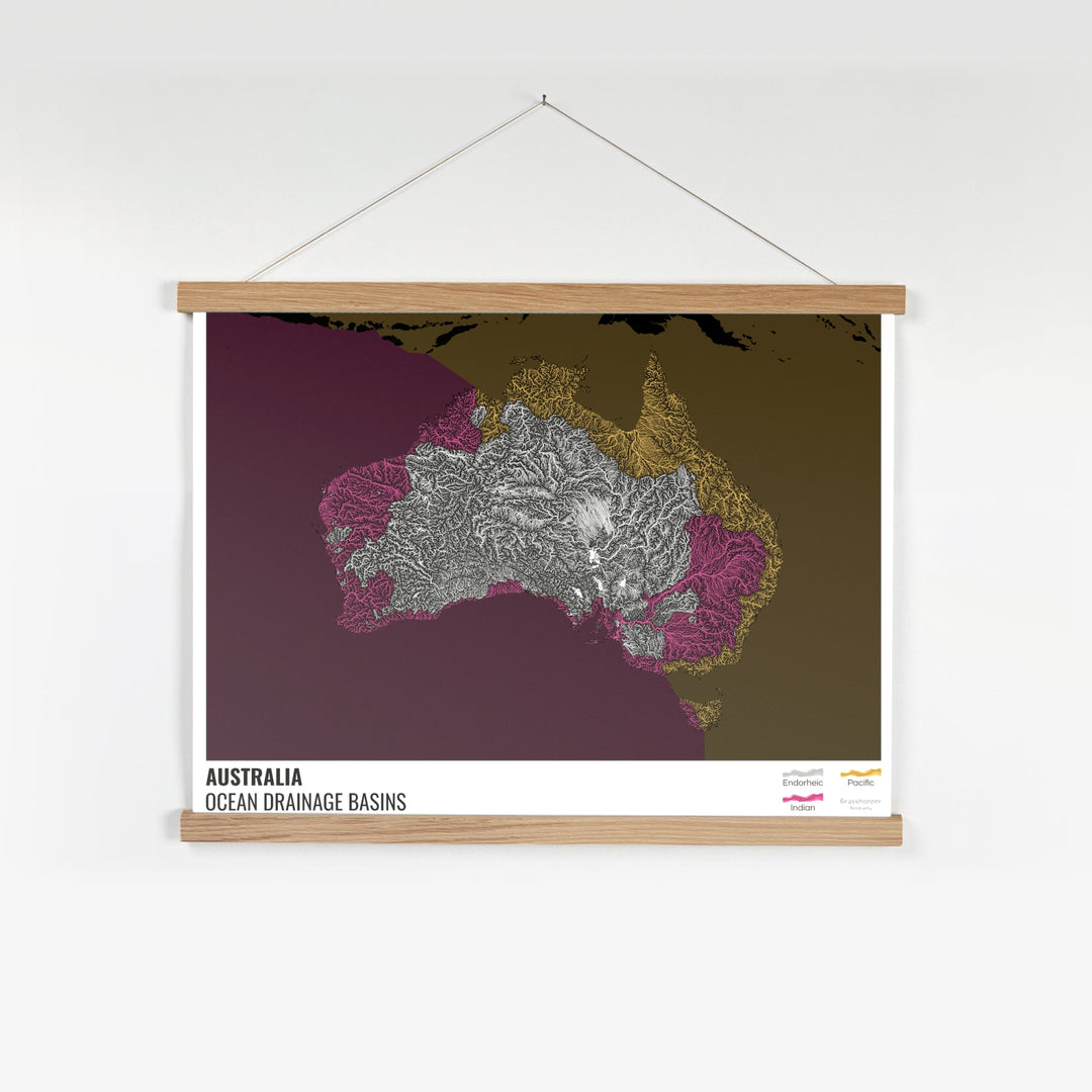 Australie - Carte des bassins hydrographiques océaniques, noire avec légende v2 - Tirage d'art avec cintre
