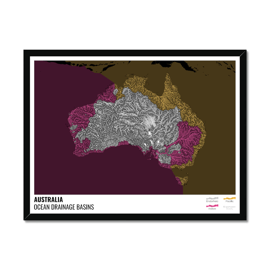 Australie - Carte des bassins hydrographiques océaniques, noire avec légende v2 - Impression encadrée