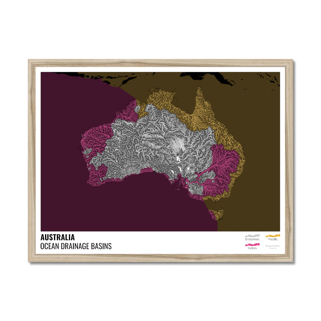 Australia - Ocean drainage basin map, black with legend v2 - Framed Print