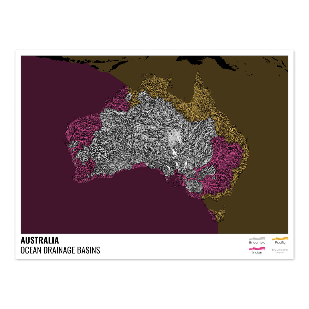 Australie - Carte des bassins hydrographiques océaniques, noire avec légende v2 - Fine Art Print