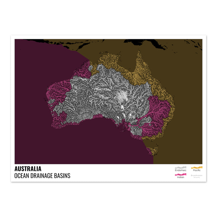 Australia - Mapa de la cuenca hidrográfica del océano, negro con leyenda v2 - Impresión de bellas artes