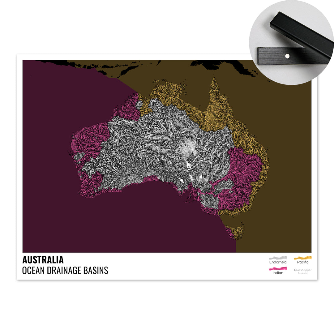 Australia - Mapa de la cuenca hidrográfica del océano, negro con leyenda v2 - Impresión artística con colgador