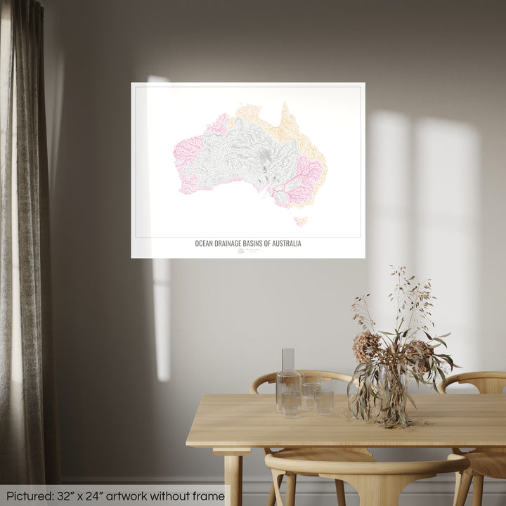 Australia - Mapa de la cuenca hidrográfica del océano, blanco v1 - Impresión fotográfica