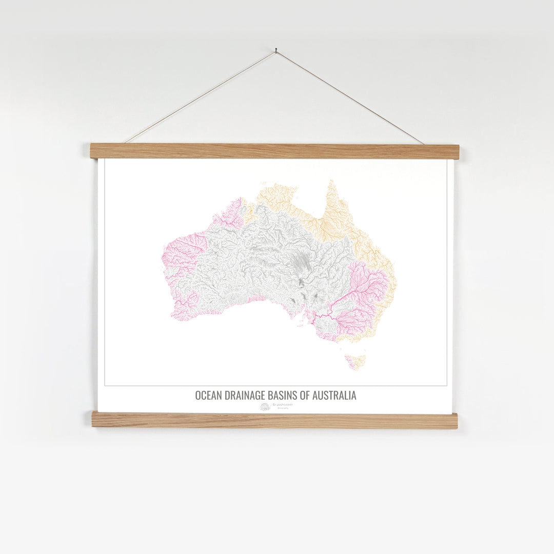 Australie - Carte des bassins versants océaniques, blanc v1 - Tirage d'art avec cintre