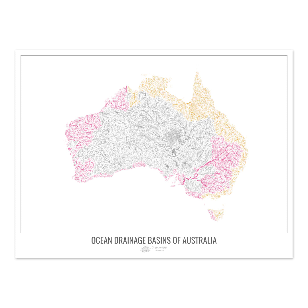 Australia - Mapa de la cuenca hidrográfica del océano, blanco v1 - Impresión fotográfica